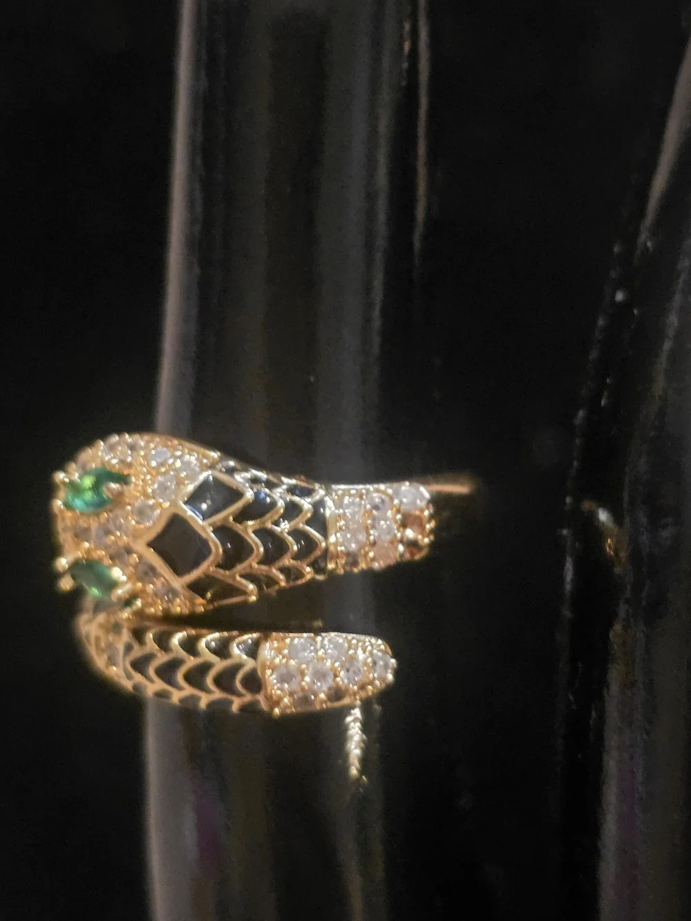22kgp Duabi Jewelry- Gold Tone Snake Wrap Ring with Green Stone Eyes